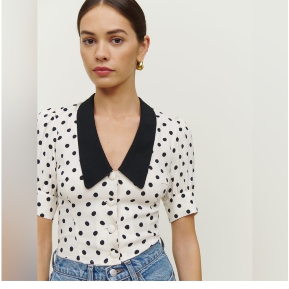 Reformation Black and White Polka Dot Short Sleeve Blouse Button Up